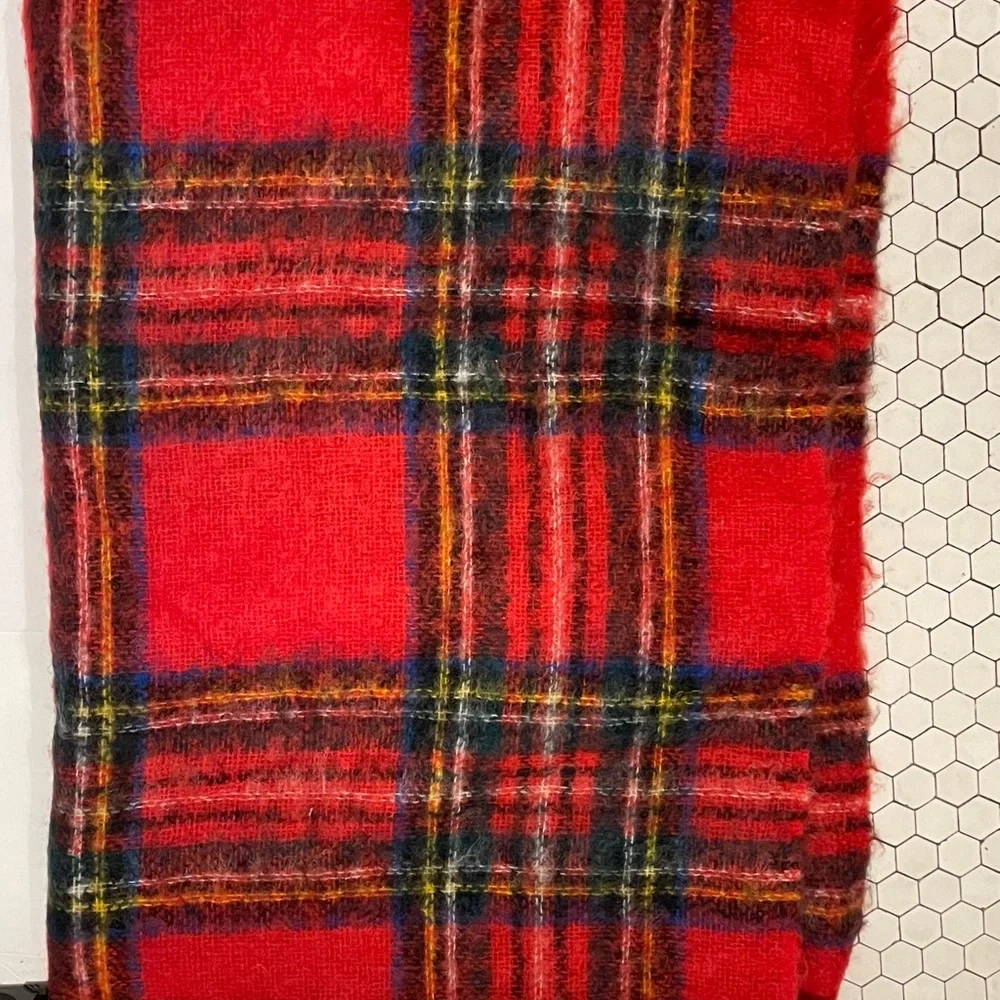 CREAGARAN Vintage Mohair Throw Blanket Tartan Plaid Red Natural Fiber SCOTLAND